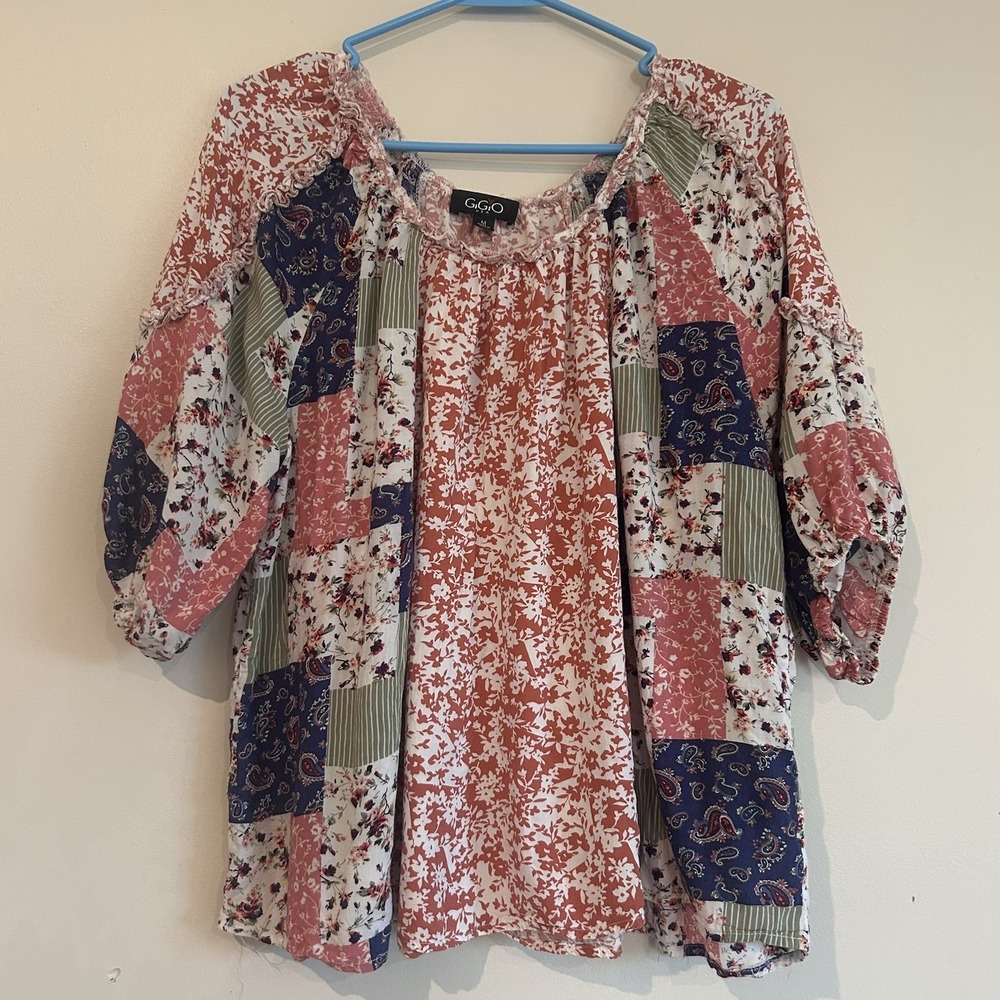 GiGio Patchwork Blouse Sz M Floral Paisley Festival Hippie Multicolor Flowy